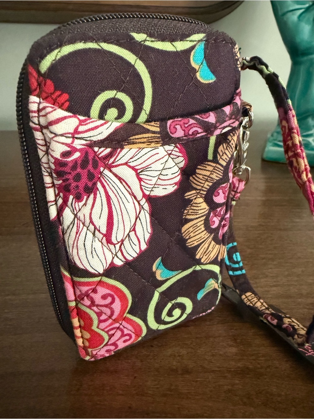 Vera Bradley Brown Quilted Wristlet with Pink, Teal & Green Floral Print